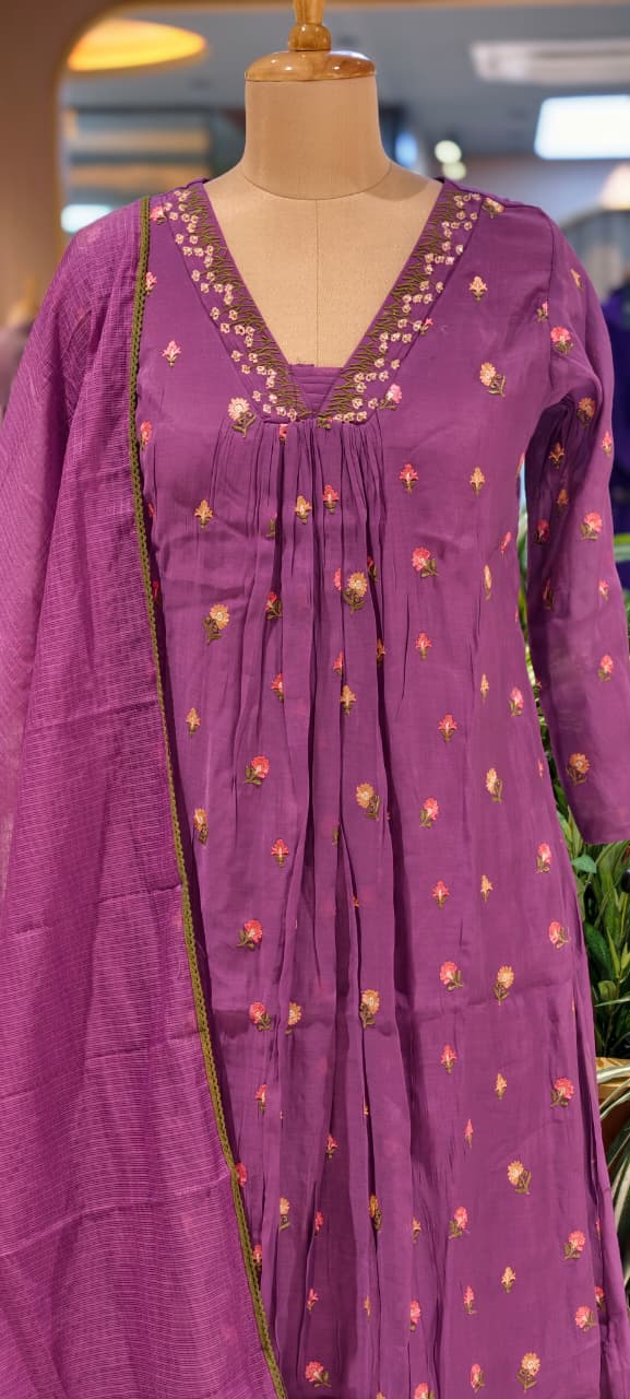 Tiny Floral Cute Embroidered Pleated A-Line Full Suit Set With Dupatta In Surat Mul Chanderi Fabric- 14010 W59