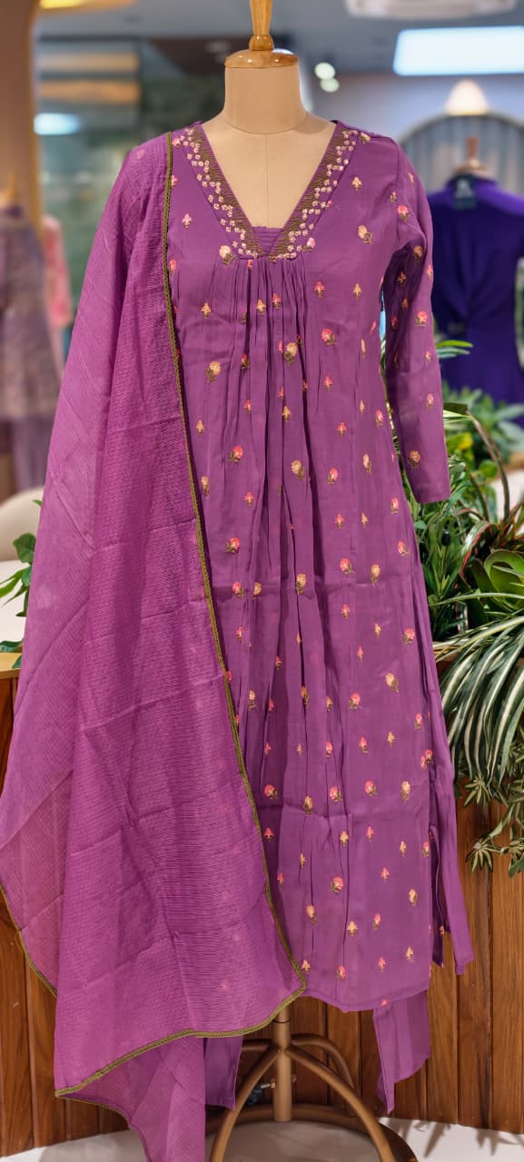 Tiny Floral Cute Embroidered Pleated A-Line Full Suit Set With Dupatta In Surat Mul Chanderi Fabric- 14010 W59