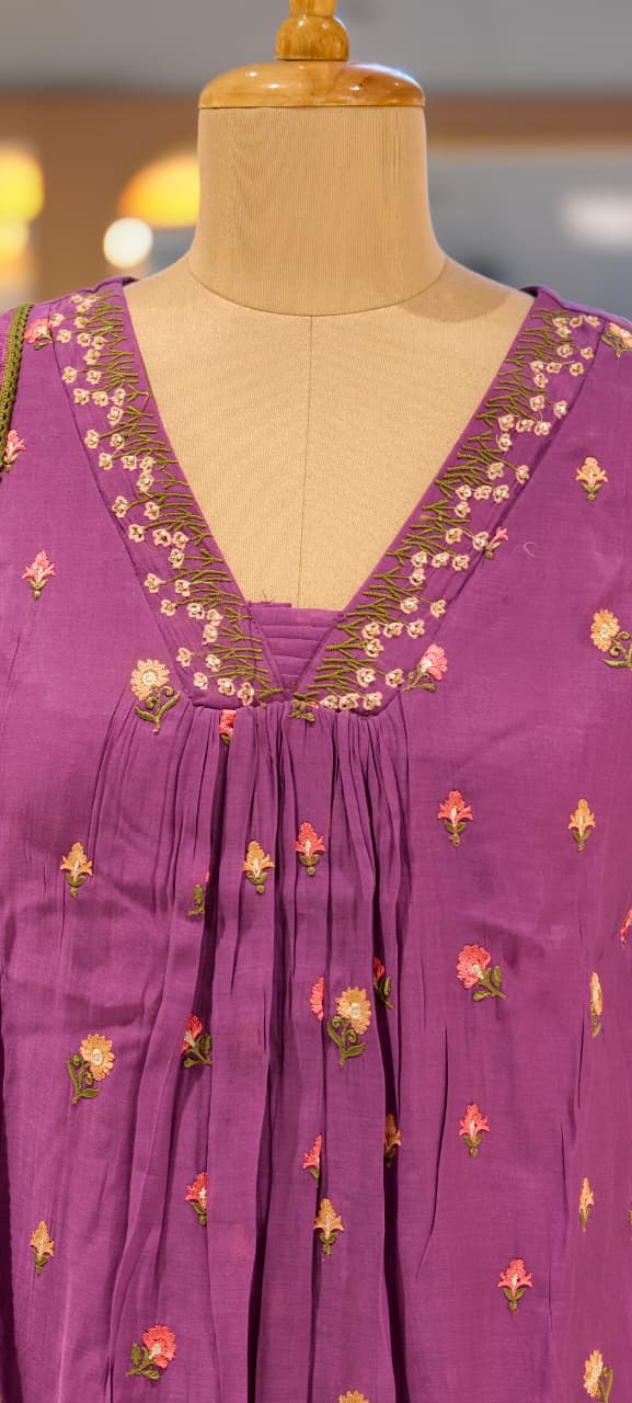 Tiny Floral Cute Embroidered Pleated A-Line Full Suit Set With Dupatta In Surat Mul Chanderi Fabric- 14010 W59