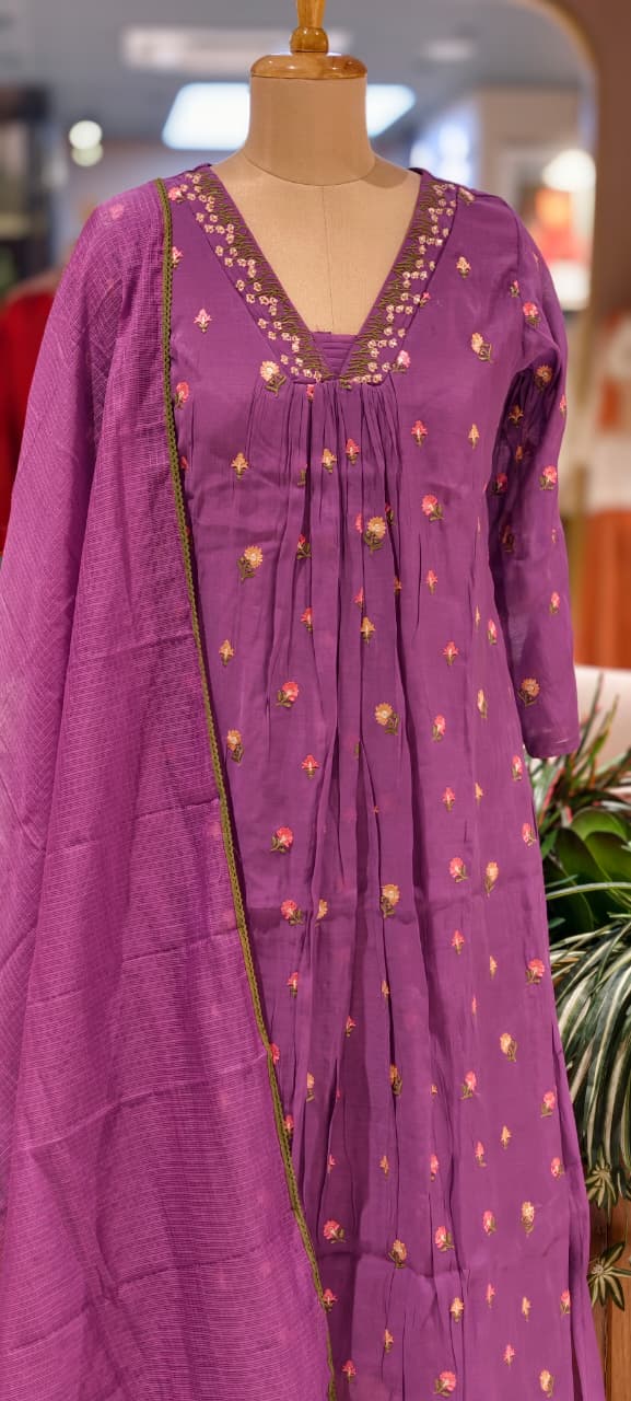 Tiny Floral Cute Embroidered Pleated A-Line Full Suit Set With Dupatta In Surat Mul Chanderi Fabric- 14010 W59