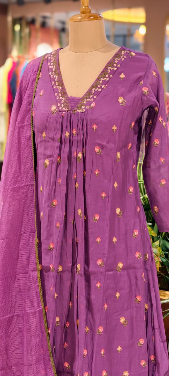 Tiny Floral Cute Embroidered Pleated A-Line Full Suit Set With Dupatta In Surat Mul Chanderi Fabric- 14010 W59