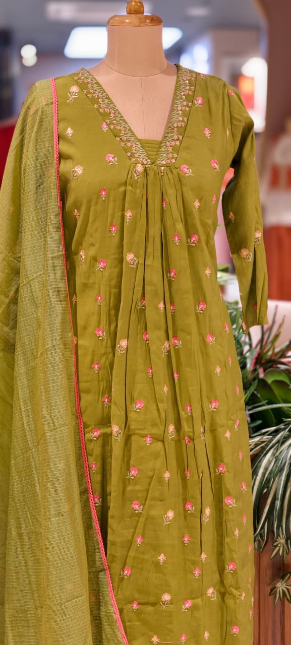 Tiny Floral Cute Embroidered Pleated A-Line Full Suit Set With Dupatta In Surat Mul Chanderi Fabric- 14010 W59