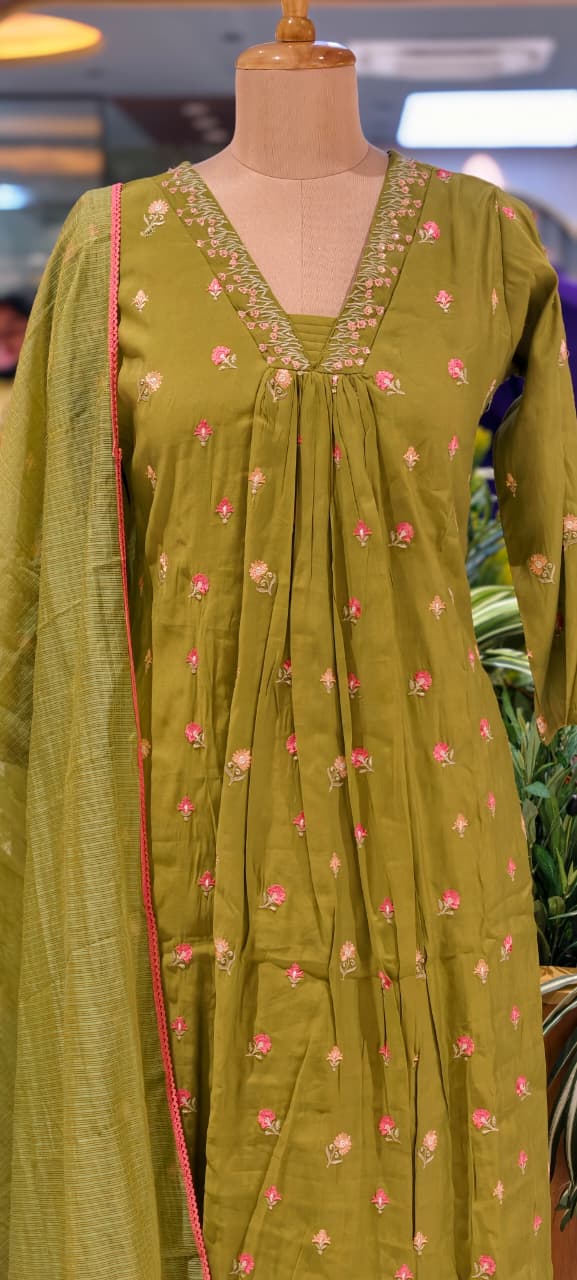 Tiny Floral Cute Embroidered Pleated A-Line Full Suit Set With Dupatta In Surat Mul Chanderi Fabric- 14010 W59