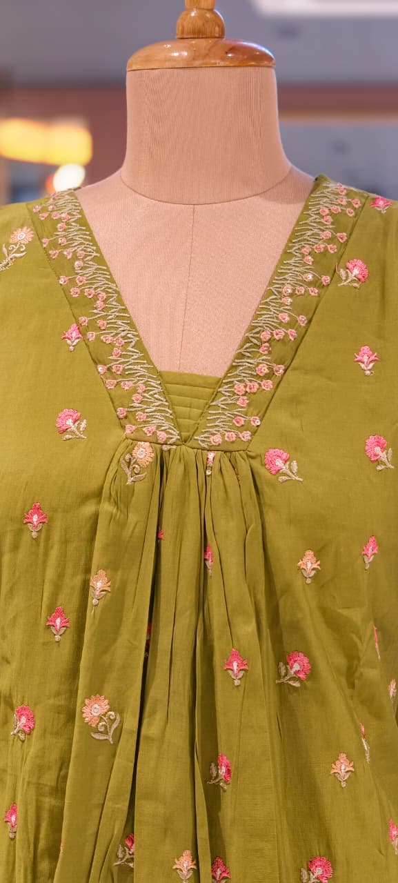 Tiny Floral Cute Embroidered Pleated A-Line Full Suit Set With Dupatta In Surat Mul Chanderi Fabric- 14010 W59