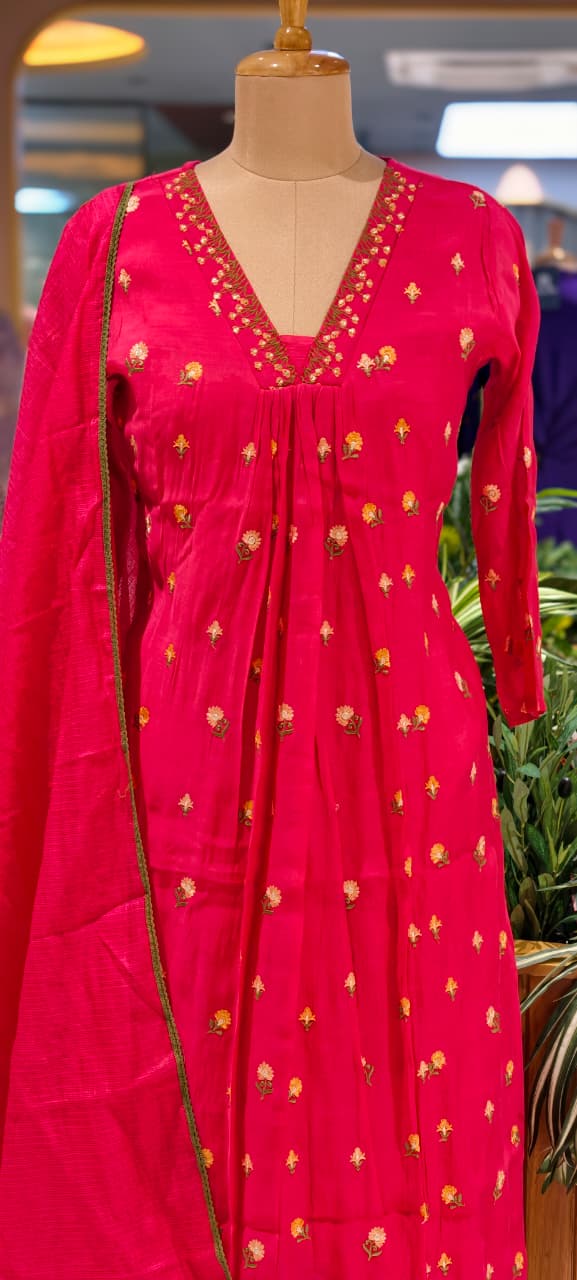 Tiny Floral Cute Embroidered Pleated A-Line Full Suit Set With Dupatta In Surat Mul Chanderi Fabric- 14010 W59