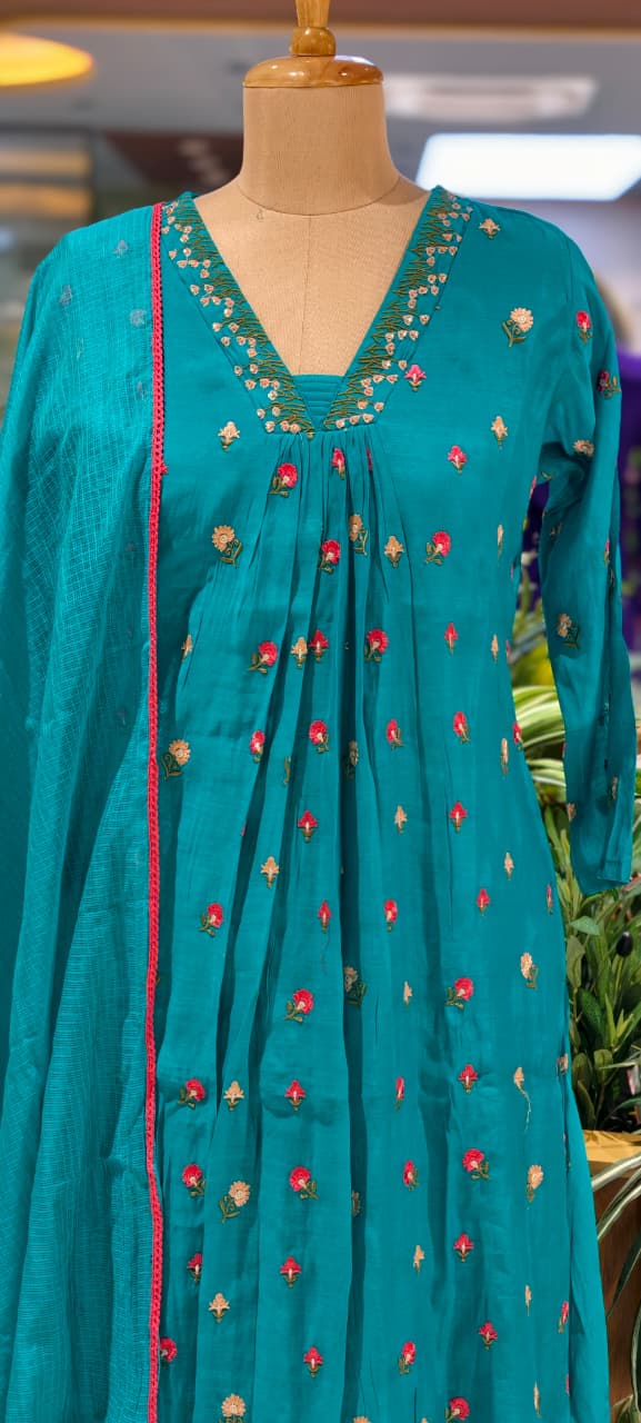 Tiny Floral Cute Embroidered Pleated A-Line Full Suit Set With Dupatta In Surat Mul Chanderi Fabric- 14010 W59