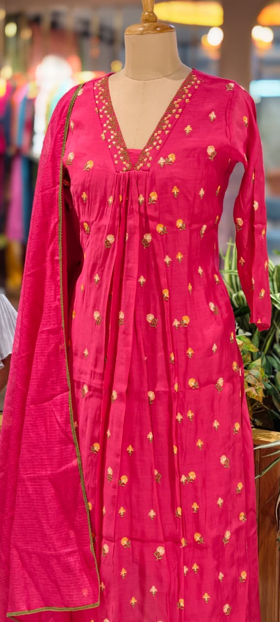 Tiny Floral Cute Embroidered Pleated A-Line Full Suit Set With Dupatta In Surat Mul Chanderi Fabric- 14010 W59
