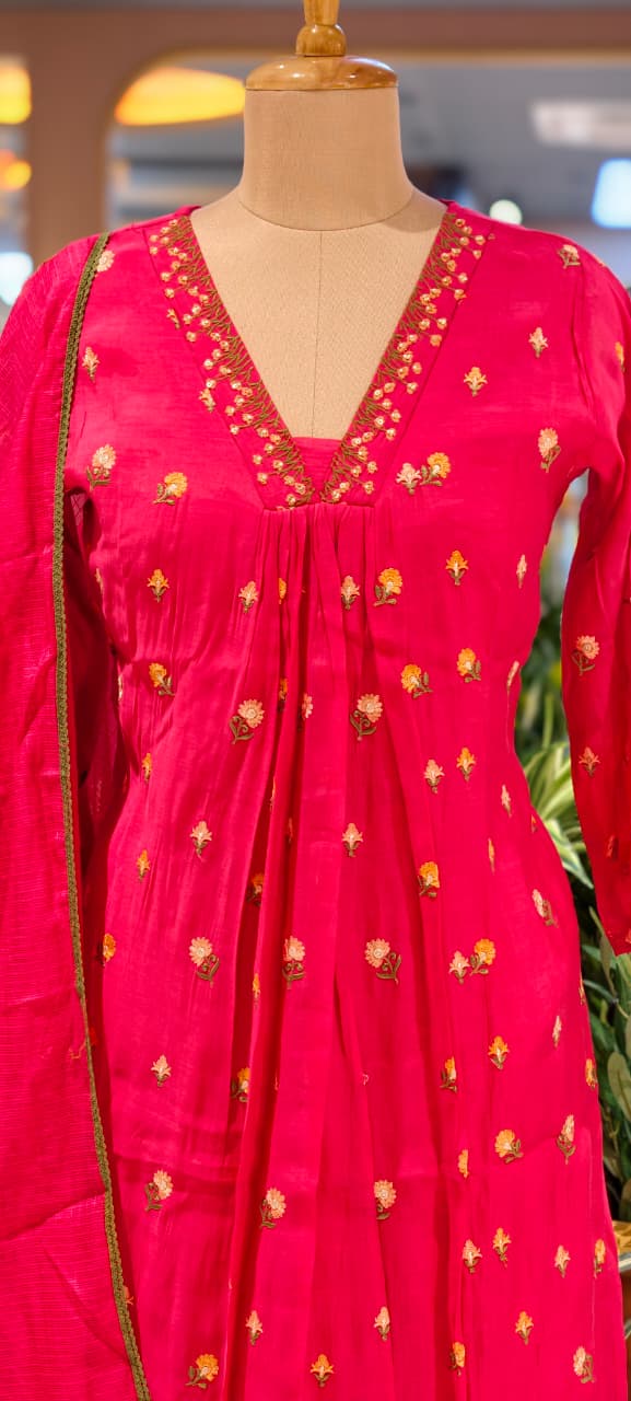 Tiny Floral Cute Embroidered Pleated A-Line Full Suit Set With Dupatta In Surat Mul Chanderi Fabric- 14010 W59