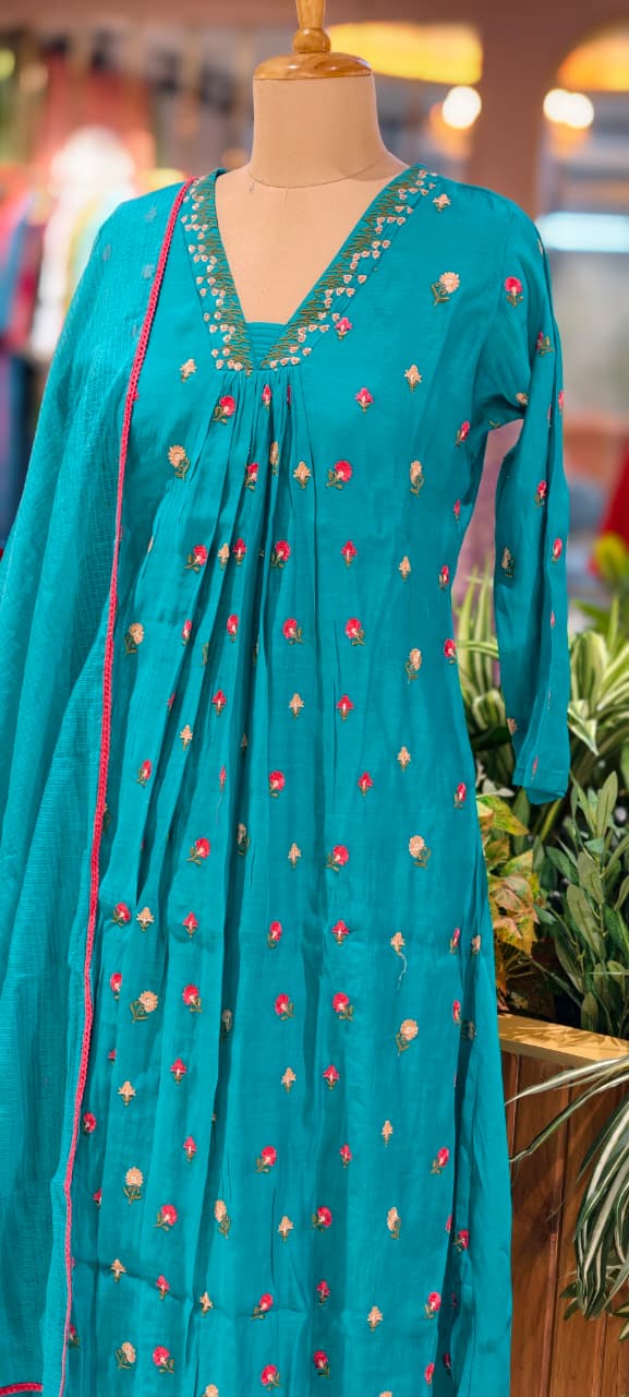 Tiny Floral Cute Embroidered Pleated A-Line Full Suit Set With Dupatta In Surat Mul Chanderi Fabric- 14010 W59