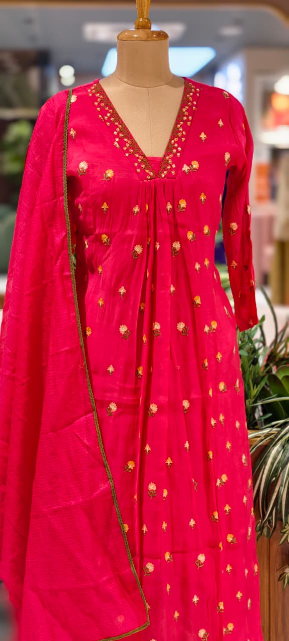 Tiny Floral Cute Embroidered Pleated A-Line Full Suit Set With Dupatta In Surat Mul Chanderi Fabric- 14010 W59