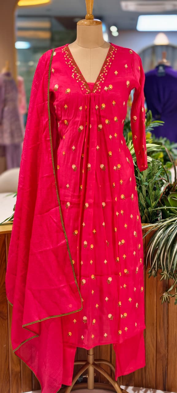Tiny Floral Cute Embroidered Pleated A-Line Full Suit Set With Dupatta In Surat Mul Chanderi Fabric- 14010 W59