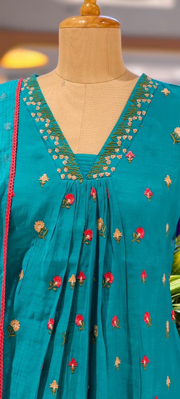 Tiny Floral Cute Embroidered Pleated A-Line Full Suit Set With Dupatta In Surat Mul Chanderi Fabric- 14010 W59