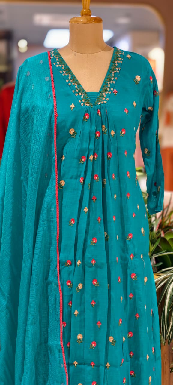 Tiny Floral Cute Embroidered Pleated A-Line Full Suit Set With Dupatta In Surat Mul Chanderi Fabric- 14010 W59