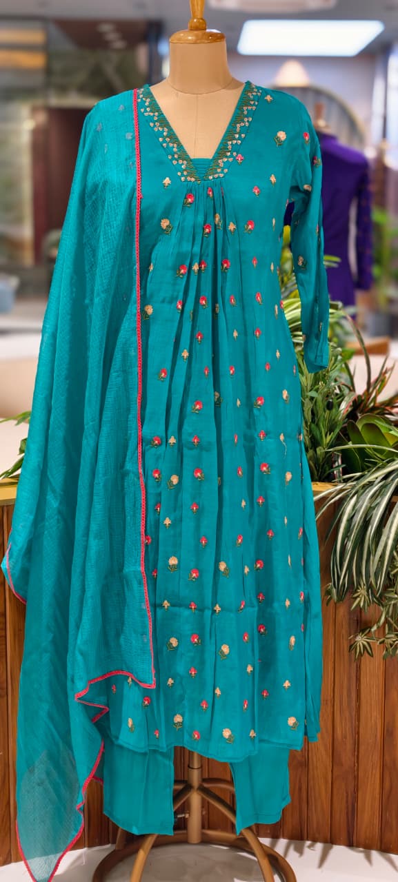 Tiny Floral Cute Embroidered Pleated A-Line Full Suit Set With Dupatta In Surat Mul Chanderi Fabric- 14010 W59