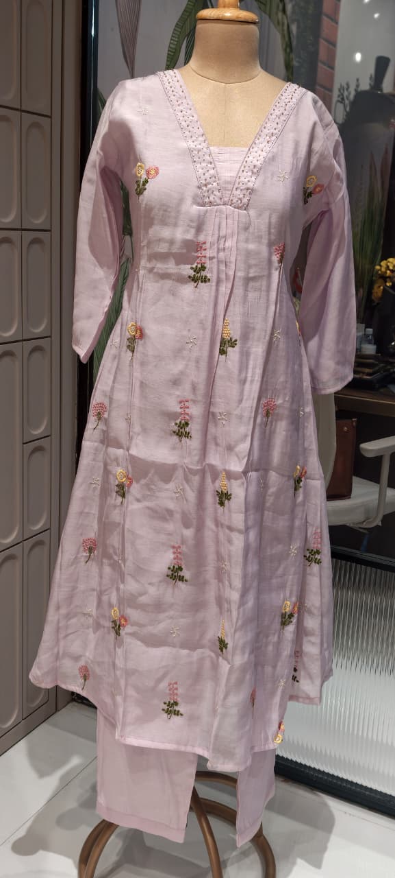 Tiny Pearl Neckline Elegant Floral Embroidery A-Line Full Suit Set With Dupatta In Surat Mul Chanderi Fabric- 13931 W64