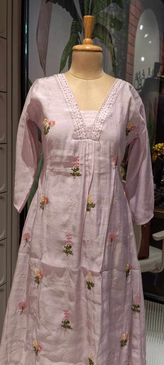 Tiny Pearl Neckline Elegant Floral Embroidery A-Line Full Suit Set With Dupatta In Surat Mul Chanderi Fabric- 13931 W64