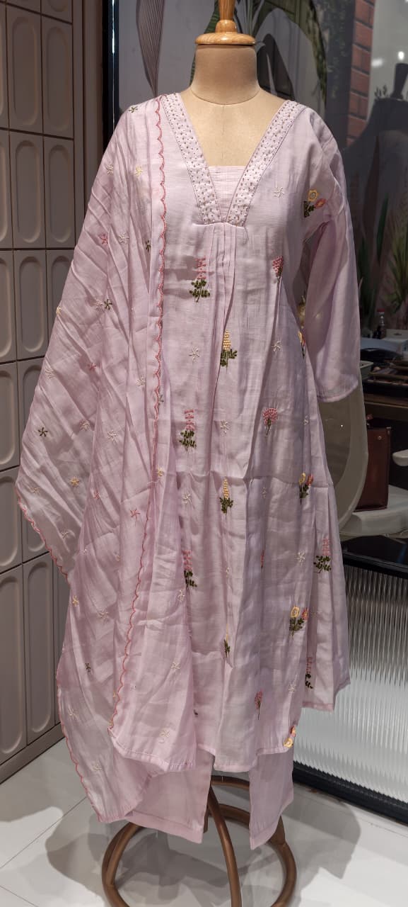 Tiny Pearl Neckline Elegant Floral Embroidery A-Line Full Suit Set With Dupatta In Surat Mul Chanderi Fabric- 13931 W64
