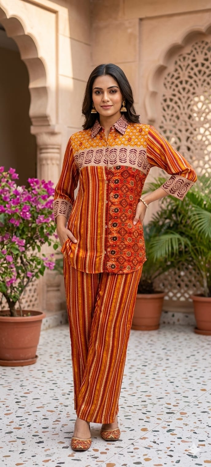 Beautiful Placement Multicolor Printed Lightweight Collared Co-Ord Set In Crepe Fabric(Lean fit) W75
