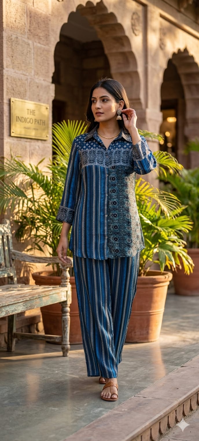 Beautiful Placement Multicolor Printed Lightweight Collared Co-Ord Set In Crepe Fabric(Lean fit) W75