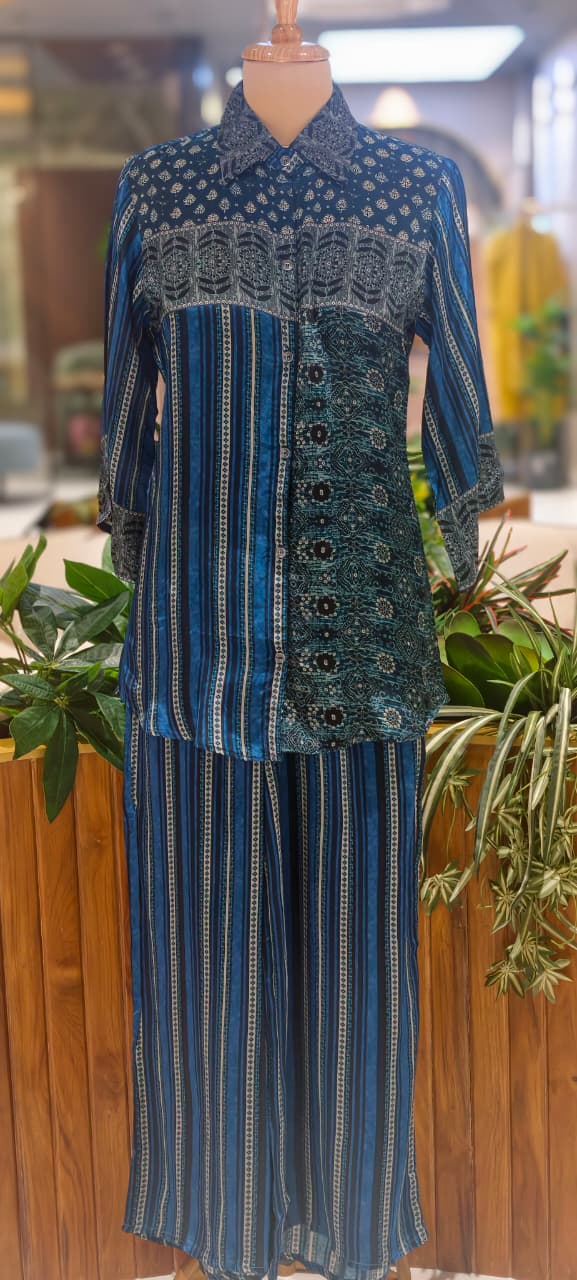Beautiful Placement Multicolor Printed Lightweight Collared Co-Ord Set In Crepe Fabric(Lean fit) W75