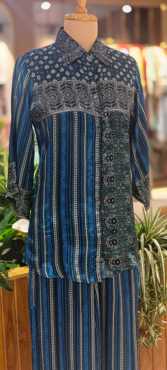 Beautiful Placement Multicolor Printed Lightweight Collared Co-Ord Set In Crepe Fabric(Lean fit) W75
