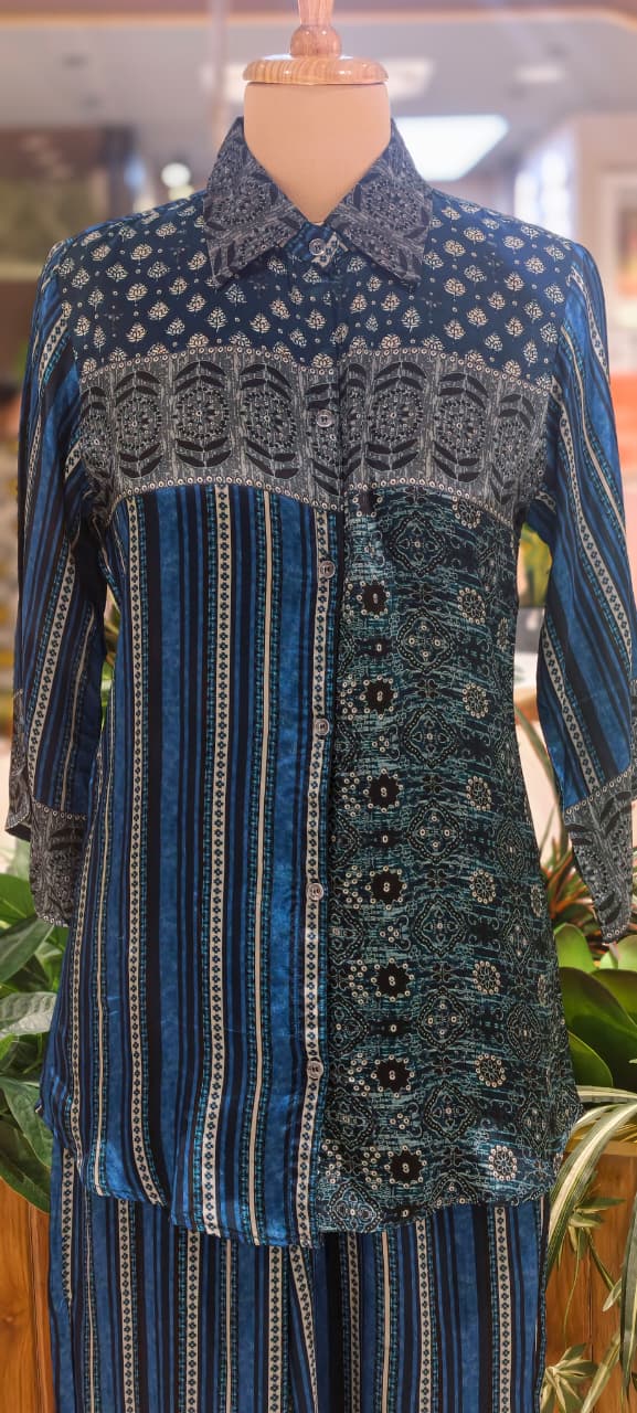 Beautiful Placement Multicolor Printed Lightweight Collared Co-Ord Set In Crepe Fabric(Lean fit) W75