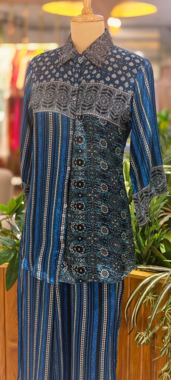 Beautiful Placement Multicolor Printed Lightweight Collared Co-Ord Set In Crepe Fabric(Lean fit) W75