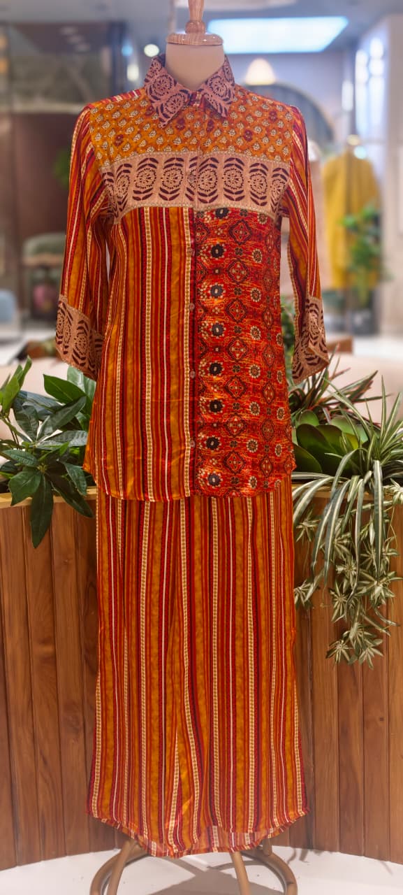 Beautiful Placement Multicolor Printed Lightweight Collared Co-Ord Set In Crepe Fabric(Lean fit) W75