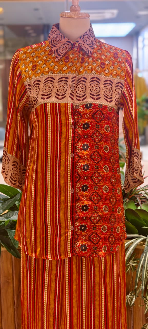 Beautiful Placement Multicolor Printed Lightweight Collared Co-Ord Set In Crepe Fabric(Lean fit) W75