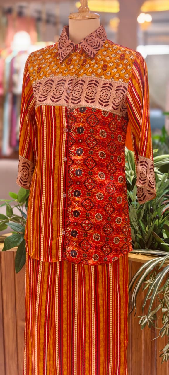 Beautiful Placement Multicolor Printed Lightweight Collared Co-Ord Set In Crepe Fabric(Lean fit) W75