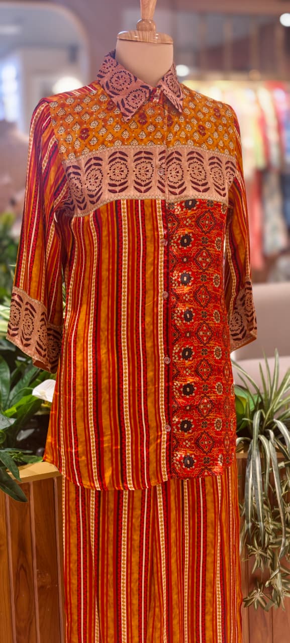 Beautiful Placement Multicolor Printed Lightweight Collared Co-Ord Set In Crepe Fabric(Lean fit) W75