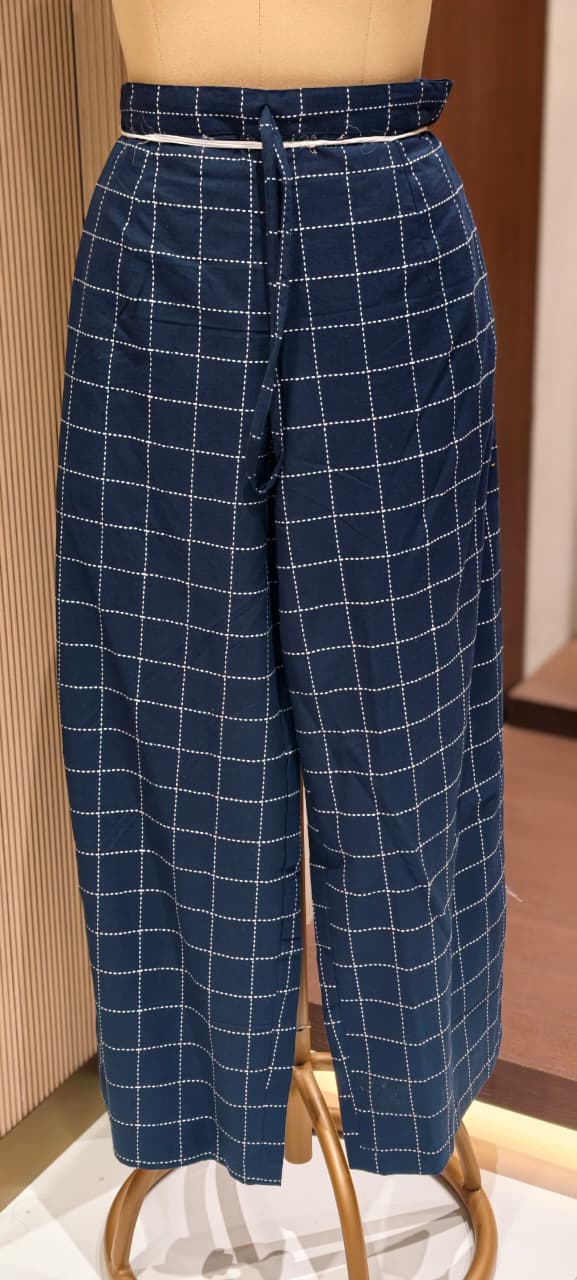 Checks Indigo Handloom Cotton Noodle Strap Kurta Set with Floral Buta Print Loose Pants-14189 W77