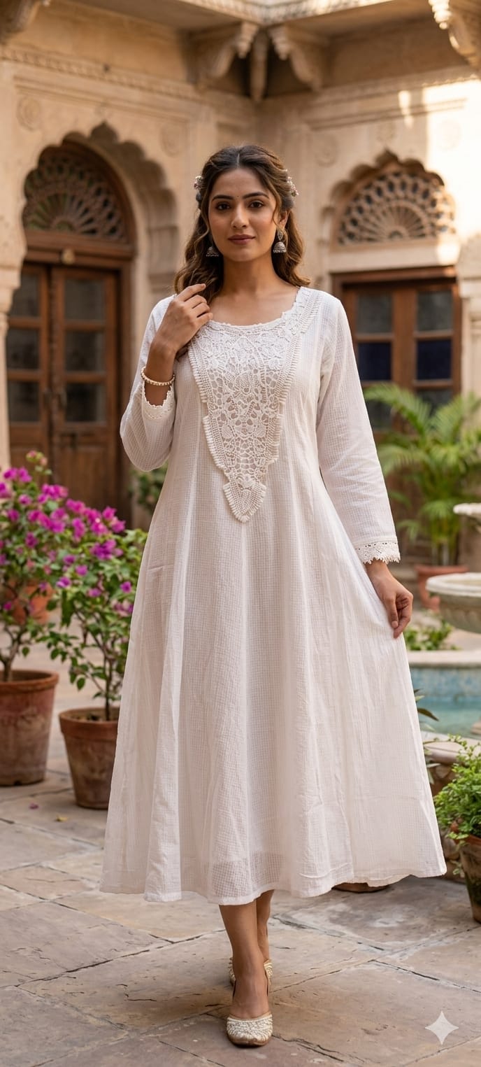 Pure White Handloomed Embroidery Yoke Solid Plain Ankle Length Frock W83