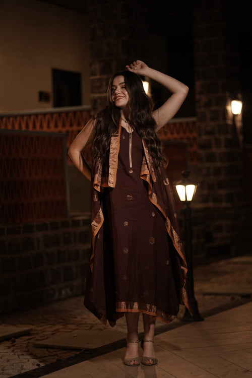 Bold Coffee Shaded Golden Polka Touch Stunning Indo Style Ankle Length Frock- 14049