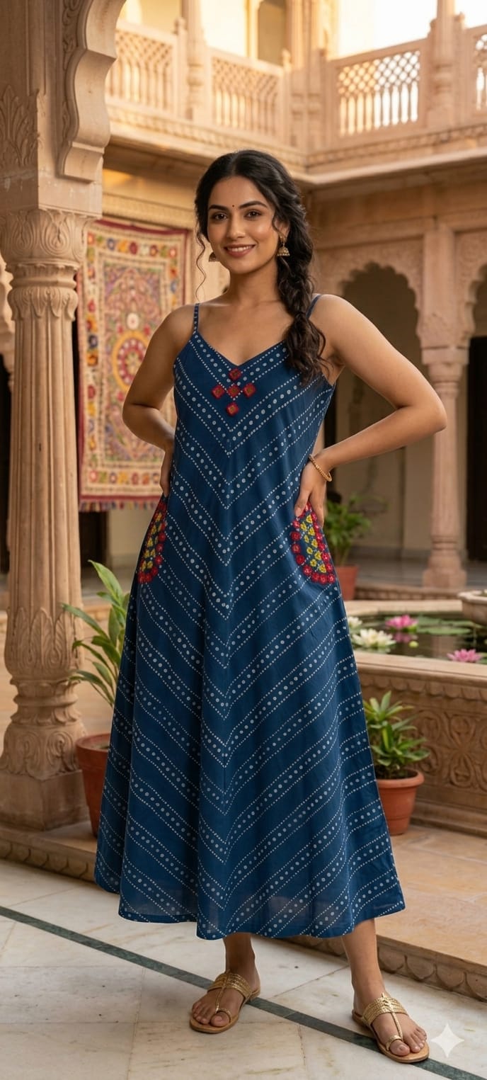 Indigo Handloom Cotton Noodle Strap Sleeveless Frock with Bandhani Print & Pockets-14180 W84