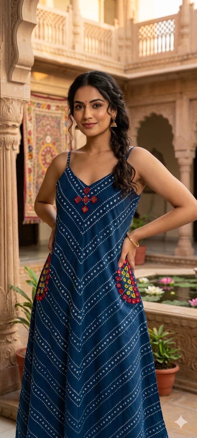Indigo Handloom Cotton Noodle Strap Sleeveless Frock with Bandhani Print & Pockets-14180 W84