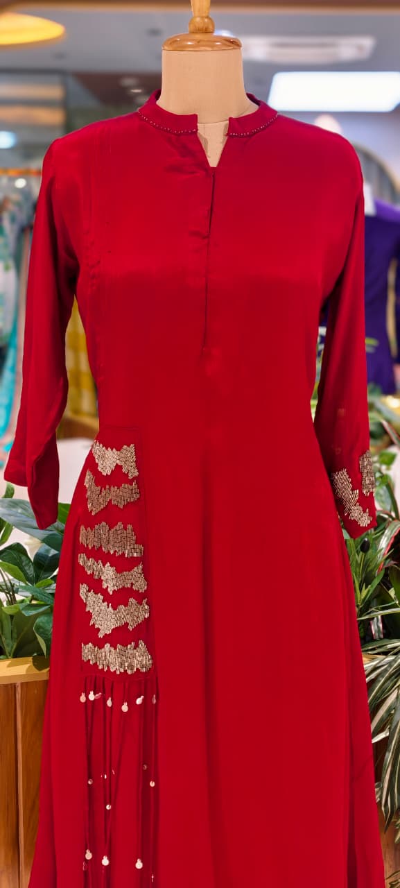Sequin Touch Stylish Solid Collared Ankle Length Casual Frock- 14030 W87