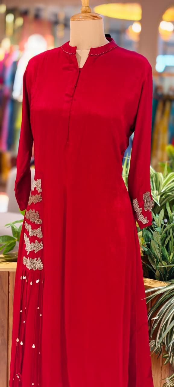 Sequin Touch Stylish Solid Collared Ankle Length Casual Frock- 14030 W87