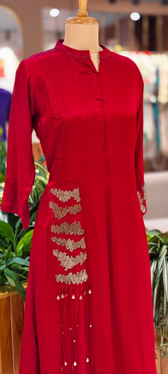 Sequin Touch Stylish Solid Collared Ankle Length Casual Frock- 14030 W87