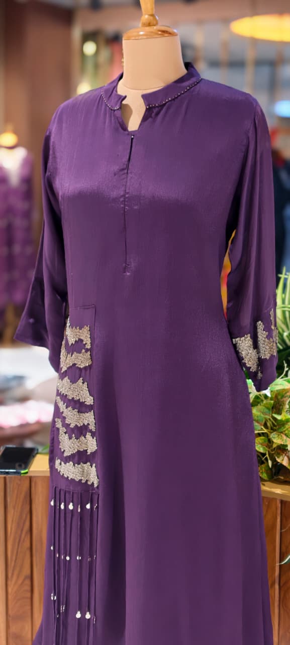 Sequin Touch Stylish Solid Collared Ankle Length Casual Frock- 14030 W87