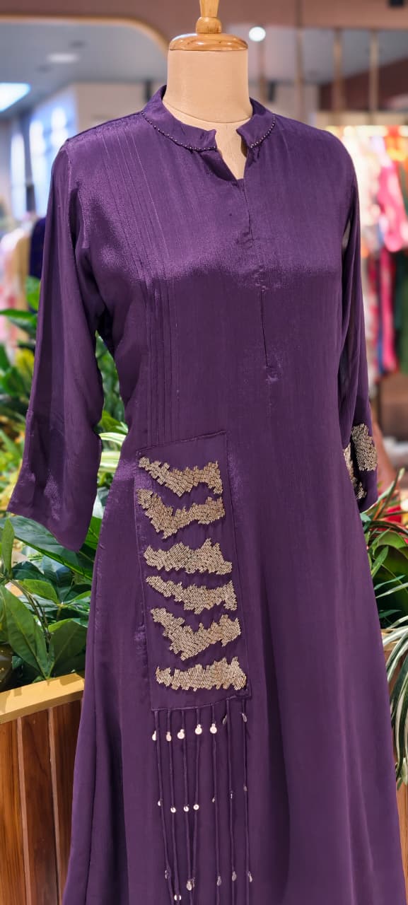 Sequin Touch Stylish Solid Collared Ankle Length Casual Frock- 14030 W87