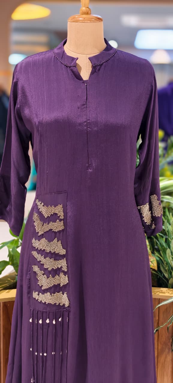 Sequin Touch Stylish Solid Collared Ankle Length Casual Frock- 14030 W87
