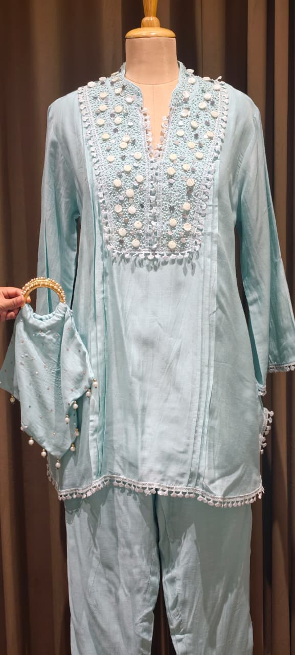Sequin Tassel With Cut Dana Touch Yoke Elegant Co-Ord Set With Potli- 14255 W105