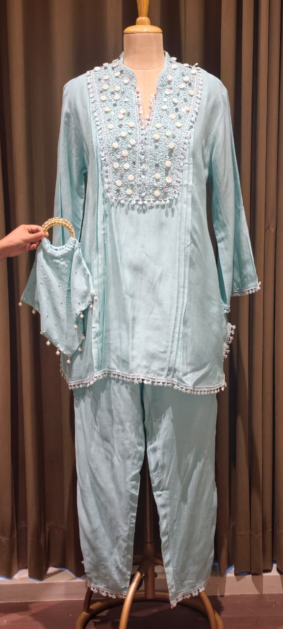 Sequin Tassel With Cut Dana Touch Yoke Elegant Co-Ord Set With Potli- 14255 W105
