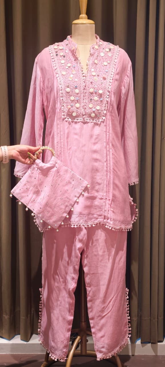 Sequin Tassel With Cut Dana Touch Yoke Elegant Co-Ord Set With Potli- 14255 W105
