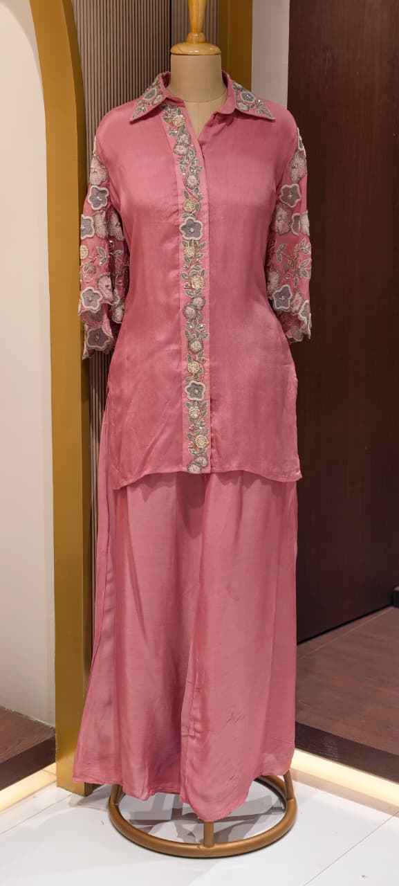 Sheer Shine Beautiful Handwork Over Neck & Sleeve Crepe Elegant Co-Ord Set-14247 W114