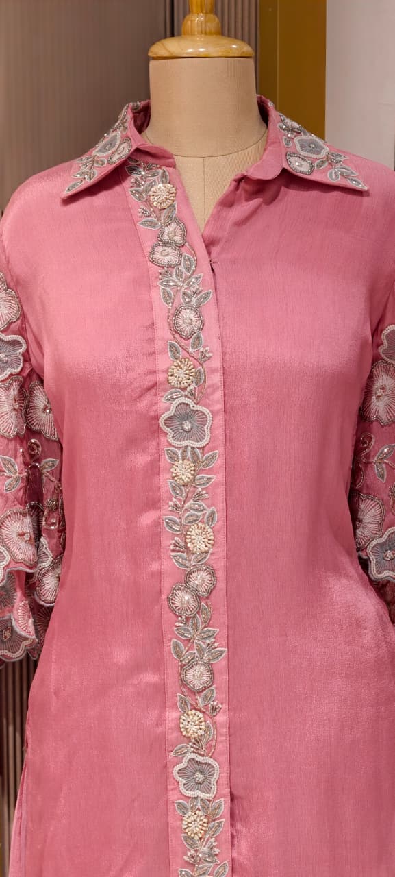Sheer Shine Beautiful Handwork Over Neck & Sleeve Crepe Elegant Co-Ord Set-14247 W114
