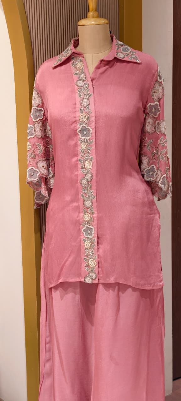 Sheer Shine Beautiful Handwork Over Neck & Sleeve Crepe Elegant Co-Ord Set-14247 W114