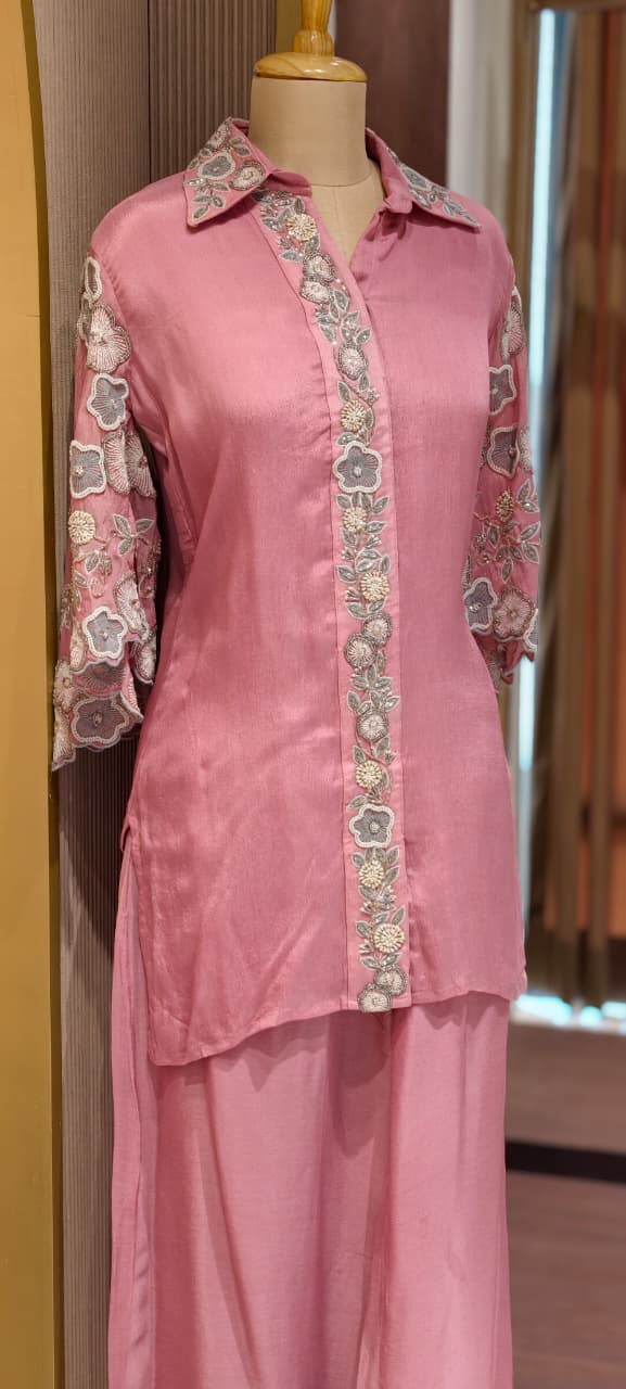 Sheer Shine Beautiful Handwork Over Neck & Sleeve Crepe Elegant Co-Ord Set-14247 W114
