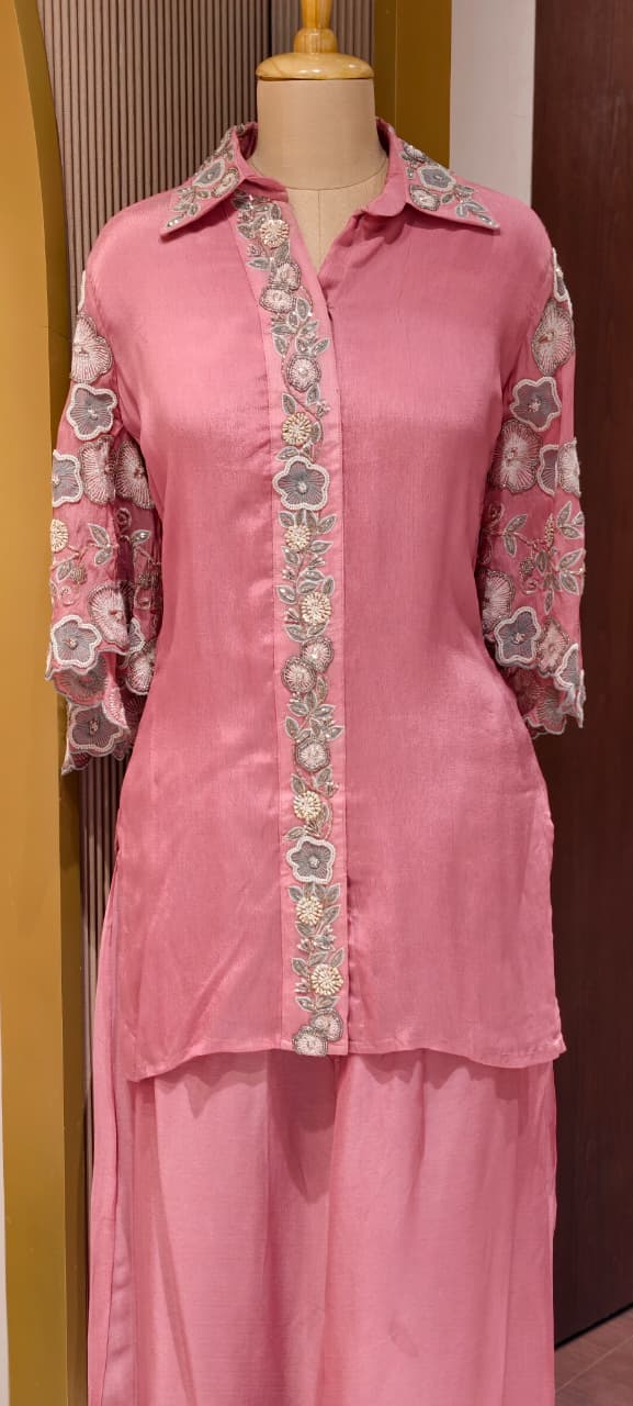 Sheer Shine Beautiful Handwork Over Neck & Sleeve Crepe Elegant Co-Ord Set-14247 W114